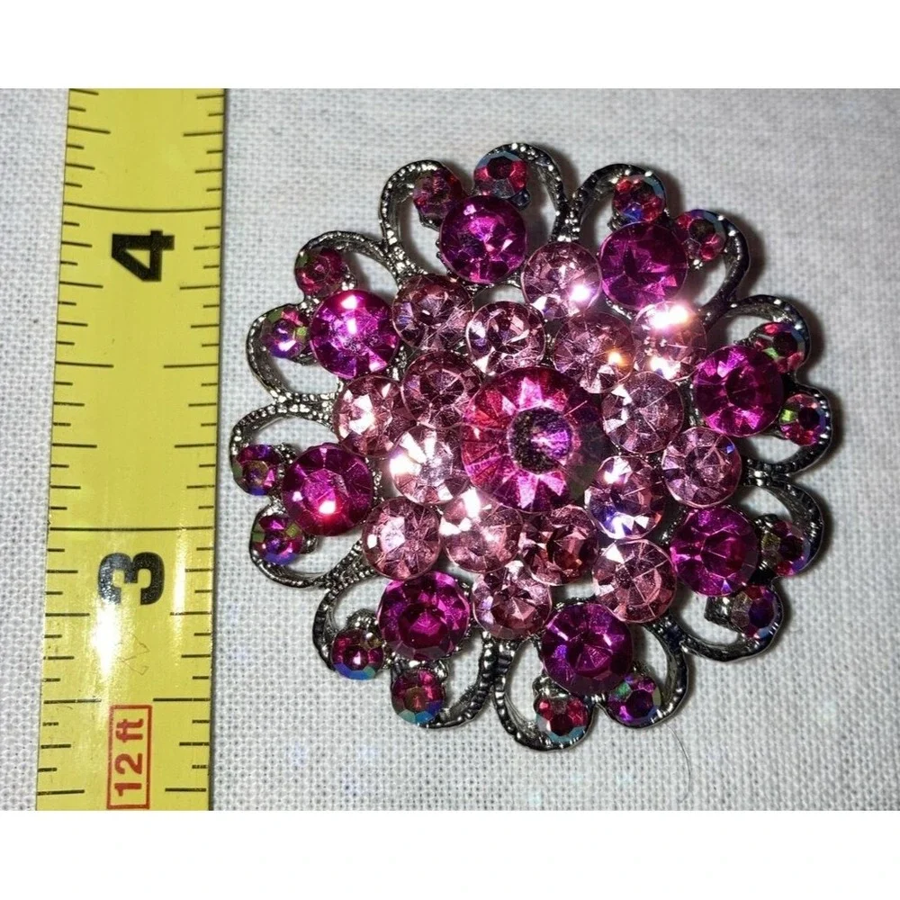 SILVERTONE HEART FLOWER BROOCH PINK Aurora‎ Borealis RHINESTONE